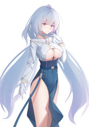 Rule 34 | 1girl, absurdres, alternate costume, blush, breasts, character request, closed mouth, feet out of frame, gloves, highres, ironmarch, long hair, looking at viewer, medium breasts, purple eyes, silver hair, solo, standing, thighs, underboob, very long hair, warship girls r, white background, white gloves