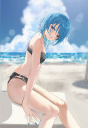 Rule 34 | 1girl, aqua hair, beach, bikini, black bikini, blue eyes, blue hair, blue nails, blue sky, blush, breasts, cloud, cloudy sky, collarbone, colored inner hair, day, eyelashes, feet out of frame, highres, hololive, hoshimachi suisei, knees together feet apart, looking at viewer, medium hair, multi-strapped bikini bottom, multicolored hair, noviceeeeeeee, outdoors, sitting, sky, small breasts, solo, strapless, strapless bikini, swimsuit, thighs, virtual youtuber