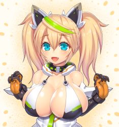 Rule 34 | 1girl, aqua eyes, asamura hiori, bare shoulders, blonde hair, blush, breasts, cleavage, elbow gloves, fang, gene (pso2), gloves, green hair, hair between eyes, highres, large breasts, looking at viewer, multicolored hair, open mouth, phantasy star, phantasy star online 2, smile, solo, twintails