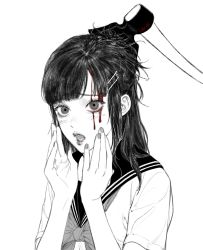 Rule 34 | 1girl, axe, bad id, bad twitter id, black hair, black sailor collar, blood, grey eyes, grey nails, greyscale, hair ornament, hairclip, hands up, highres, hxtxr666, long hair, monochrome, nail polish, open mouth, original, sailor collar, shirt, short sleeves, simple background, solo, spot color, upper body, white background, white shirt