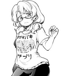 Rule 34 | 1girl, abs, berusuke (beru no su), commentary request, glasses, greyscale, looking at viewer, monochrome, shirt, short sleeves, simple background, solo, sweat, touhou, translation request, two side up, upper body, usami sumireko, white background