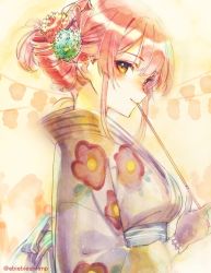 Rule 34 | 1girl, alternate costume, blush, breasts, closed mouth, commentary, eyelashes, floral print, flower, from side, gloves, hair flower, hair ornament, hair stick, heterochromia, holding, hololive, houshou marine, japanese clothes, kimono, lantern, looking at viewer, medium breasts, obi, profile, purple gloves, purple kimono, red eyes, red hair, sash, short hair, shuri (84k), smile, solo, twitter username, upper body, virtual youtuber, yellow eyes, yukata