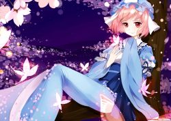 Rule 34 | 1girl, absurdres, breasts, bug, butterfly, cherry blossoms, female focus, hat, highres, bug, japanese clothes, momoyang, obi, petals, pink eyes, pink hair, saigyouji yuyuko, sash, short hair, sitting, smile, touhou, tree, triangular headpiece, wide sleeves