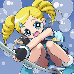 Rule 34 | 00s, 1girl, :d, ass, bare shoulders, blonde hair, blue background, blue eyes, bubble, drill hair, full body, goutokuji miyako, haruyama kazunori, holding, looking at viewer, lowres, open mouth, powerpuff girls, powerpuff girls z, rolling bubbles, short hair, simple background, sleeveless, smile, solo, squatting, thighs, twin drills, vest