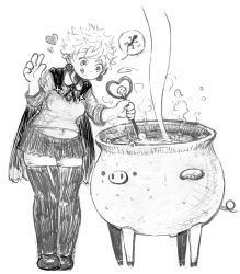 Rule 34 | :d, belly, black skirt, cape, cauldron, earrings, fujinozu, greyscale, heart, jewelry, midriff, monochrome, navel, neck ribbon, open mouth, original, plump, ribbon, shirt, short hair, sketch, skirt, slippers, smile, solo, standing, steam, stirring, thick thighs, thighhighs, thighs, witch