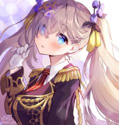 Rule 34 | 1girl, blue eyes, blush, commentary request, epaulettes, flower, flower knight girl, gloves, grey hair, hair flower, hair ornament, hair over one eye, twirling hair, highres, long hair, long sleeves, looking at viewer, necktie, parted lips, piyoyanagi, signature, solo, tatsutasou (flower knight girl), twintails, twitter username, upper body, white gloves