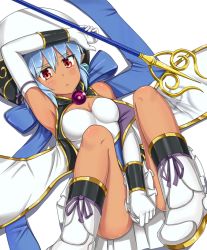 Rule 34 | 1girl, arm up, bare shoulders, blue hair, blush, boots, breasts, cleavage, dark skin, dark-skinned female, elbow gloves, gloves, hat, hawe king, looking at viewer, lying, noin (shinrabanshou), on back, red eyes, shinrabanshou, short hair, skirt, skirt tug, solo, wand