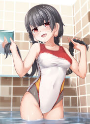 Rule 34 | 1girl, adworse, bathroom, black hair, braid, breasts, competition swimsuit, holding, holding own hair, long earlobes, long hair, medium breasts, multicolored clothes, multicolored swimsuit, one-piece swimsuit, red eyes, solo, swimsuit, thigh gap, tile wall, tiles, touhou, twin braids, water, white one-piece swimsuit, yatadera narumi