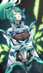 Rule 34 | 1girl, armor, breasts, chest jewel, cleavage, earrings, gem, gloves, green hair, hair ornament, headpiece, high ponytail, highres, jewelry, large breasts, long hair, pneuma (xenoblade), ponytail, simple background, solo, swept bangs, tiara, very long hair, xenoblade chronicles (series), xenoblade chronicles 2, yuuki shin