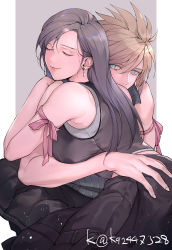 Rule 34 | 1boy, 1girl, apron, arm ribbon, bare shoulders, black hair, blonde hair, blue eyes, breasts, brown hair, closed eyes, cloud strife, couple, crop top, earrings, final fantasy, final fantasy vii, final fantasy vii advent children, hug, jewelry, large breasts, long hair, looking at another, mugikoma, ribbon, smile, spiked hair, square enix, tifa lockhart, undershirt, waist apron, watermark