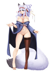 Rule 34 | 1girl, animal ear fluff, animal ears, barbariank, bare shoulders, black thighhighs, blue eyes, blue hair, breasts, choker, cleavage, cleft of venus, collarbone, commentary, english commentary, eyes visible through hair, folded ponytail, fox ears, fox girl, fox shadow puppet, fox tail, full body, gluteal fold, hair between eyes, hair ornament, hair stick, hairband, heart, heart-shaped pupils, highres, large breasts, large tail, lifting own clothes, long hair, long sleeves, looking at viewer, navel, no panties, off shoulder, open mouth, original, pussy, sash, simple background, single thighhigh, solo, symbol-shaped pupils, tail, thighhighs, white background, wide sleeves