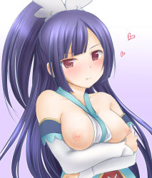Rule 34 | absurdres, arms under breasts, bare shoulders, between breasts, blue hair, blunt bangs, blush, breasts, breasts out, closed mouth, detached sleeves, expressionless, gradient background, hair ornament, heart, high ponytail, highres, kisaragi sumire, long hair, looking at viewer, medium breasts, nipples, one side up, pakumi, parted bangs, ponytail, red eyes, twin angel, upper body, white sleeves, wing hair ornament