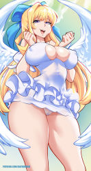 Rule 34 | 1girl, angel wings, bayeuxman, blonde hair, blue background, blue bow, bow, breasts, cameltoe, cleavage cutout, cleft of venus, clothing cutout, covered erect nipples, cowboy shot, dress, feathered wings, gradient background, green background, hair bow, highres, kono yuusha ga ore tueee kuse ni shinchou sugiru, large breasts, long hair, looking down, open mouth, panties, purple eyes, ristarte (kono yuusha ga ore tueee kuse ni shinchou sugiru), smile, smug, solo, standing, teeth, thighs, tongue, tongue out, underwear, upper teeth only, white dress, white panties, wings