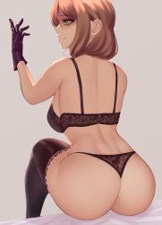 Rule 34 | 1girl, absurdres, ass, bad id, bad pixiv id, bare back, bed sheet, black bra, black thighhighs, bra, breasts, brown hair, cum, cum on gloves, dimples of venus, ear piercing, genshin impact, gloves, green eyes, grey background, hair over shoulder, highres, lace, lace-trimmed legwear, lace panties, lace trim, large breasts, lingerie, lisa (genshin impact), looking to the side, on bed, panties, piercing, purple gloves, sideboob, simple background, sitting, smile, solo, thighhighs, thong, underwear, underwear only, zaki (zaki btw)