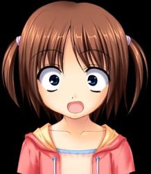 Rule 34 | 00s, 1girl, :o, blue eyes, brown hair, child, clannad, constricted pupils, face, fumio (ura fmo), game cg, hood, hoodie, jpeg artifacts, lowres, mishima tomo, open mouth, shirt, solo, surprised, tomoyo after, twintails, two side up