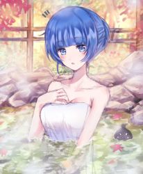 Rule 34 | 1girl, absurdres, autumn, blue eyes, blue hair, blush, breasts, cleavage, hair bun, highres, huge filesize, looking at viewer, medium breasts, naked towel, namamake, onsen, open mouth, outdoors, shironeko project, sidelocks, single hair bun, solo, towa (evenicle), towel, tree, water