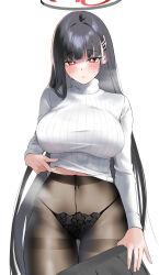 Rule 34 | 1girl, absurdres, black hair, black panties, black pantyhose, blue archive, blush, breasts, clothes pull, desukanure, halo, highres, large breasts, long hair, looking at viewer, panties, panties under pantyhose, pantyhose, red eyes, ribbed sweater, rio (blue archive), simple background, skirt, skirt pull, solo, steam, straight hair, sweat, sweater, thigh gap, turtleneck, turtleneck sweater, underwear, very long hair, white background, white sweater