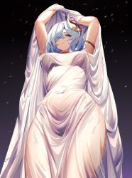 Rule 34 | 1girl, absurdres, arms up, blue eyes, blush, bra visible through clothes, breasts, choker, closed mouth, dress, genshin impact, hair ornament, hair over one eye, highres, large breasts, long dress, long hair, looking at viewer, looking down, luai, see-through, shenhe (genshin impact), solo, thighs, water drop, wet, wet clothes
