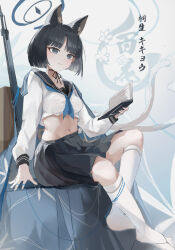 Rule 34 | 1girl, absurdres, animal ears, awilin, black choker, black eyes, black hair, black ribbon, black sailor collar, black skirt, blue archive, blue halo, blue neckerchief, blue ribbon, blunt bangs, blunt ends, bob cut, book, choker, closed mouth, crop top, cropped shirt, full body, gun, halo, highres, holding, holding book, kikyou (blue archive), kneehighs, long sleeves, looking ahead, making-of available, midriff, multiple tails, navel, neckerchief, open book, pleated skirt, ribbon, ribbon choker, rifle, sailor collar, shirt, short hair, sitting, skirt, socks, solo, tail, two tails, video thumbnail, weapon, white shirt, white socks, white tail