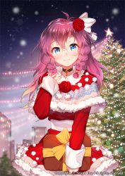 Rule 34 | 1girl, blush, bow, braid, capelet, choker, christmas, christmas tree, flower, gift, hair bow, hair flower, hair ornament, long sleeves, looking at viewer, official art, original, purple hair, rose, schubert, sid story, side braids, smile, solo, twin braids, white bow, woonak