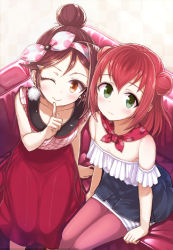 Rule 34 | 10s, 2girls, ;), alternate hairstyle, black skirt, blush, brown eyes, couch, double bun, earrings, finger to mouth, green eyes, guranyto, hair bun, hair ornament, hair up, hairband, hairclip, jewelry, kurosawa ruby, looking at viewer, love live!, love live! sunshine!!, multiple girls, neckerchief, off-shoulder shirt, off shoulder, one eye closed, pantyhose, pink legwear, pleated skirt, polka dot hairband, polka dot neckwear, pom pom (clothes), pom pom earrings, red hair, red neckerchief, red skirt, sakurauchi riko, shirt, single hair bun, sitting, skirt, smile, white shirt