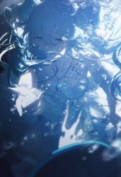 Rule 34 | 1girl, abstract background, absurdres, alternate costume, blue hair, blue theme, blurry, blurry background, blurry foreground, bubble, commentary, dress, empty eyes, english commentary, eyelashes, floating hair, hair between eyes, hair over mouth, hatsune miku, highres, jewelry, konya karasue, leaning forward, long hair, looking at viewer, necklace, outstretched hand, solo, twintails, underwater, upper body, very long hair, vocaloid, water drop, white dress, white wrist cuffs, wrist cuffs