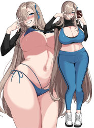 Rule 34 | 1girl, asuna (blue archive), bikini, black sweater, blonde hair, blue archive, blue bikini, blue eyes, blue pants, blue sports bra, blush, breasts, cellphone, cleavage, clothes lift, covered erect nipples, grin, hair over one eye, hella p, highres, holding, holding phone, large breasts, long hair, long sleeves, looking at viewer, micro bikini, mole, mole on breast, multiple views, navel, pants, phone, projected inset, selfie, side-tie bikini bottom, smile, sports bra, sportswear, string bikini, sweater, sweater lift, sweatpants, swimsuit, underboob, v, very long hair, white background, white footwear