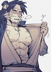 Rule 34 | abs, animal ears, arknights, bara, beard, breath, chest hair, chinese clothes, facial hair, furry, furry male, headband, heavy breathing, huai tianpei (arknights), long hair, male focus, mature male, muscular, nipples, pectorals, sunspotfish, sweat, tiger stripes