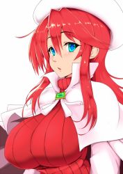 Rule 34 | 1girl, :o, arms at sides, aty (summon night), blue eyes, blush, breasts, brooch, cape, eyebrows, gem, green gemstone, hat, huge breasts, jewelry, long hair, long sleeves, looking at viewer, oisinbou, parted lips, red hair, red sweater, ribbed sweater, ribbon, sidelocks, simple background, solo, summon night, summon night 3, sweater, tareme, upper body, white background, white cape, white hat, white ribbon