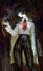 Rule 34 | 1girl, black coat, black hair, black pants, coat, coat on shoulders, long sleeves, moses (project moon), neckerchief, nishikujic, official art, pants, project moon, red neckerchief, shirt, smoke, smoking, smoking pipe, striped clothes, striped pants, the distortion detective, white shirt