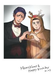Rule 34 | 2boys, :d, animal costume, black eyes, black suit, bow, bowtie, dated, facial hair, formal, golden kamuy, happy birthday, heart, heart hands, heart hands duo, koito otonoshin, long sleeves, looking at viewer, male focus, merry christmas, multiple boys, nishima (t-v-r38), open mouth, photo (object), red bow, reindeer costume, smile, stubble, suit, thick eyebrows, traditional bowtie, tsukishima hajime