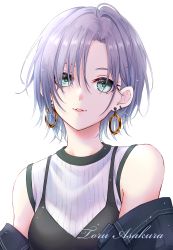 Rule 34 | 1girl, absurdres, aoyashio rin, aqua eyes, asakura toru, bare shoulders, black jacket, character name, commentary request, earrings, highres, hoop earrings, idolmaster, idolmaster shiny colors, jacket, jewelry, looking at viewer, off shoulder, open clothes, open jacket, parted bangs, parted lips, purple hair, shirt, short hair, simple background, smile, solo, striped clothes, striped shirt, upper body, vertical-striped clothes, vertical-striped shirt, white background, white shirt