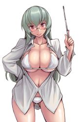 Rule 34 | 1girl, bikini, blush, breasts, cleavage, contrapposto, dress shirt, gentosha, glasses, hand on own hip, head tilt, large breasts, long hair, looking at viewer, open clothes, open shirt, pointer, red eyes, rozen maiden, shirt, silver hair, smile, solo, standing, suigintou, swimsuit, tsuda nanafushi, white bikini
