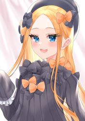 Rule 34 | 1girl, abigail williams (fate), absurdres, black bow, black dress, black hat, blonde hair, blue eyes, blush, bow, breasts, doctor 0927, dress, fate/grand order, fate (series), forehead, hair bow, hat, highres, long hair, long sleeves, looking at viewer, multiple hair bows, open mouth, orange bow, parted bangs, ribbed dress, sleeves past fingers, sleeves past wrists, small breasts, smile, solo