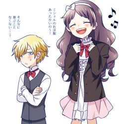 Rule 34 | 1boy, 1girl, blonde hair, blue eyes, blush, bow, bowtie, chloe ardenne, chloe no requiem, closed eyes, cosplay, costume switch, crossed arms, formal, long hair, lowres, michel d&#039;alembert, musical note, open mouth, poke nk, purple hair, short hair, sidelocks, simple background, skirt, smile, suit, translation request, white background