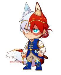 Rule 34 | 1boy, alternate hairstyle, animal ears, blue eyes, blue footwear, blue shirt, boku no hero academia, boots, braid, brown eyes, burn scar, chibi, closed mouth, commentary, english commentary, fox boy, fox ears, fox tail, full body, heterochromia, highres, holding, holding sword, holding weapon, kemonomimi mode, long sleeves, male focus, multicolored hair, official alternate costume, pants, red hair, scar, scar on face, shirt, short hair, simple background, solo, split-color hair, standing, sword, tail, thatmightyheart, todoroki shouto, two-tone hair, weapon, white background, white hair