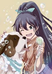 Rule 34 | 1girl, antenna hair, black hair, blue eyes, blue ribbon, blush, bow, breasts, brown background, brown shirt, collarbone, commentary, denim, dog, earrings, fang, ganaha hibiki, hair bow, hair ribbon, hands up, highres, holding, holding shower head, hoop earrings, idolmaster, idolmaster (classic), idolmaster million live!, idolmaster million live! theater days, inumi, jewelry, long hair, looking at another, medium breasts, midriff peek, nail polish, navel, one eye closed, open mouth, pink nails, ponytail, ribbon, shirt, short sleeves, shower head, simple background, smile, soap, soap bubbles, solo, upper body, water, zash zashzash