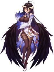 Rule 34 | 1girl, ahoge, albedo (overlord), alternate costume, bell, black hair, black pantyhose, black wings, blue gloves, blush, bodystocking, breasts, commentary, commission, cosplay, cowbell, detached sleeves, english commentary, feathered wings, full body, ganyu (genshin impact), ganyu (genshin impact) (cosplay), genshin impact, gloves, gold trim, hair between eyes, highres, horns, large breasts, long hair, long sleeves, looking at viewer, neck bell, open mouth, overlord (maruyama), pantyhose, simple background, skirt, solo, standing, tsukichan (maynyan23), vision (genshin impact), white background, white footwear, white horns, white skirt, white sleeves, wings, yellow eyes