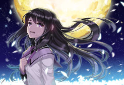 Rule 34 | 10s, 1girl, akemi homura, black hair, briska, capelet, crying, crying with eyes open, full moon, hairband, hand on own chest, long hair, mahou shoujo madoka magica, mahou shoujo madoka magica (anime), moon, petals, purple eyes, solo, tears, upper body, wind