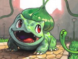 animal_focus bulbasaur claws commentary creatures_(company) english_commentary fangs game_freak gen_1_pokemon grass highres lamppost nintendo nintendo_3ds_(medium) no_humans nostrils open_mouth outdoors park plant pokemon pokemon_(creature) red_eyes signature solo tongue twarda8 vines