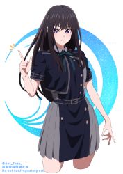 Rule 34 | 1girl, aoi suzu, belt, black hair, highres, inoue takina, long hair, looking at viewer, lycoris recoil, purple eyes, school uniform, simple background, solo, white background