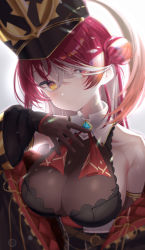 Rule 34 | 1girl, a01macaron, absurdres, bare shoulders, blurry, breasts, brooch, cleavage, closed mouth, collarbone, depth of field, gloves, hair between eyes, hair bun, heterochromia, highres, hololive, houshou marine, houshou marine (marching band), impossible clothes, impossible leotard, jewelry, large breasts, leotard, looking at viewer, multicolored hair, red eyes, red hair, see-through, see-through cleavage, see-through leotard, sideboob, solo, streaked hair, tsurime, upper body, virtual youtuber, yellow eyes