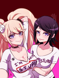 Rule 34 | 2girls, alternate costume, arm behind back, arm behind head, arrow (symbol), bare arms, bare shoulders, bear hair ornament, black hair, blonde hair, blue eyes, blush, breasts, choker, cleavage, closed mouth, clothes writing, collarbone, danganronpa: trigger happy havoc, danganronpa (series), english text, enoshima junko, eyebrows, eyebrows hidden by hair, freckles, hair ornament, ikusaba mukuro, incest, kokomi, large breasts, long eyelashes, long hair, looking at viewer, medium breasts, medium hair, multiple girls, navel, open mouth, pink background, red background, scrunchie, selfie, shiny skin, siblings, simple background, sisters, smile, sweat, sweatdrop, teeth, twincest, twins, twintails, underwear, wavy mouth, yuri