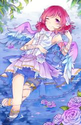Rule 34 | 10s, 1girl, aya (8819062), bow, feathered wings, flower, gradient wings, hair flower, hair ornament, hairclip, headset, love live!, love live! school idol festival, love live! school idol project, multicolored wings, nishikino maki, one eye closed, partially submerged, petals, purple eyes, red hair, rose, rose petals, short hair, solo, water, wings