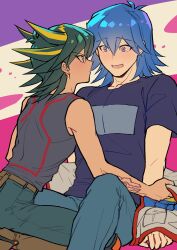 Rule 34 | 2boys, absurdres, arm tattoo, black hair, black shirt, blonde hair, blue hair, blue pants, bruno (yu-gi-oh!), fudo yusei, highres, jacket, looking at another, multicolored hair, multiple boys, nervous, pants, shirt, short sleeves, sleeveless, sleeveless shirt, spiked hair, streaked hair, tattoo, two-tone hair, undressing another, white jacket, yaoi, youko-shima, yu-gi-oh!, yu-gi-oh! 5d&#039;s
