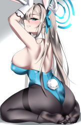 Rule 34 | 1girl, absurdres, animal ears, armpits, arms up, ass, asuna (blue archive), asuna (bunny) (blue archive), back, bare shoulders, blue archive, blue eyes, blue leotard, blush, breasts, brown pantyhose, cameltoe, commentary request, detached collar, elbow gloves, fake animal ears, gloves, grin, hair over one eye, halo, highleg, highleg leotard, highres, kyle (kysizzle), large breasts, leotard, light brown hair, long hair, looking at viewer, looking back, pantyhose, playboy bunny, rabbit ears, sitting, smile, solo, strapless, strapless leotard, wariza, white gloves