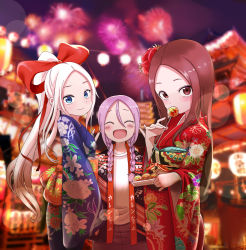 Rule 34 | 3girls, :d, ^ ^, aerial fireworks, bad id, bad pixiv id, blue eyes, blue kimono, blurry, blurry background, blush, bow, braid, brown eyes, brown hair, brown pants, closed eyes, closed mouth, commentary request, covered mouth, creator connection, crossover, depth of field, double v, fireworks, floral print, food, forehead, fudatsuki kyouko, fudatsuki no kyouko-chan, hair between eyes, hair bow, hands up, head tilt, high ponytail, highres, holding, holding food, japanese clothes, karakai jouzu no takagi-san, kimono, korean commentary, kunoichi tsubaki no mune no uchi, lantern, long hair, long sleeves, low twintails, multiple crossover, multiple girls, night, night sky, note2000, open clothes, open mouth, outdoors, pants, paper lantern, parted bangs, ponytail, print kimono, purple hair, red bow, red kimono, shirt, sky, smile, soredemo ayumu wa yosetekuru, summer festival, takagi-san, twin braids, twintails, v, very long hair, white hair, white shirt, wide sleeves, yaotome urushi