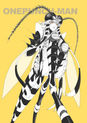 Rule 34 | 1girl, antennae, arthropod girl, bad id, bad pixiv id, bug, claws, copyright name, esuo (sokamen), horns, insect, insect wings, monochrome, mosquito, mosquito girl, mosquito musume, no hands, one-punch man, orange eyes, personification, single horn, solo, spot color, wings, yellow background