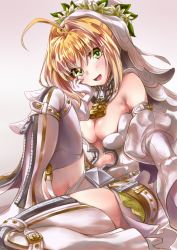 Rule 34 | 10s, 1girl, :d, ahoge, bare shoulders, belt, blonde hair, blush, breasts, chain, cleavage, fate/extra, fate/extra ccc, fate (series), gloves, green eyes, hair intakes, highres, large breasts, lock, looking at viewer, nero claudius (bride) (fate), nero claudius (bride) (second ascension) (fate), nero claudius (fate), nero claudius (fate) (all), open mouth, padlock, reaching, reaching towards viewer, selfie, sitting, smile, solo, thighhighs, urayama (backmountain), veil, white gloves, white thighhighs, zipper