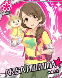 Rule 34 | 10s, 1girl, alternate costume, artist request, brown eyes, brown hair, card (medium), character name, flower (symbol), hair ornament, hand puppet, idolmaster, idolmaster cinderella girls, jpeg artifacts, low ponytail, mochida arisa, official art, pink background, puppet, solo, sparkle